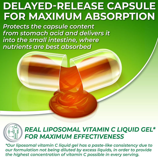 Liposomal Vitamin C Liquid Gel Capsules - 1100mg - Made with Organic Acerola Cherries, High Potency Vitamin C Liposomal Immune Support Supplement with Enhanced Absorption & Bioavailability - 120 count