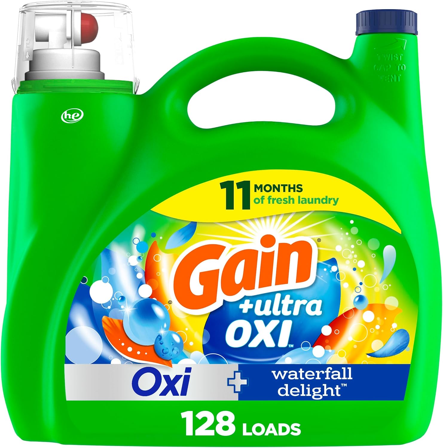 Gain Ultra Oxi Liquid Laundry Detergent, 128 Loads, 184 Fl Oz, Waterfall Delight Scent, 2-In-1, He Compatible