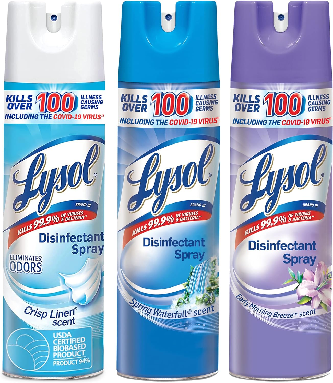 Lysol Disinfectant Spray Multi Scent Bundle - Crisp Linen, Early Morning Breeze, and Spring Waterfall Scents, 19 Ounces (Pack of 3)