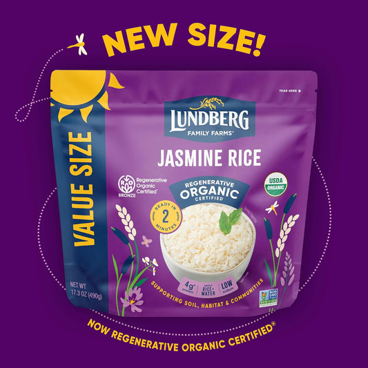 Lundberg Rice, Microwave Or Stovetop, 2-Pack – White Jasmine, Long-Grain, Fluffy & Aromatic, Ready In 2 Minutes, Regenerative Organic Certified, 17.3 Oz Ea