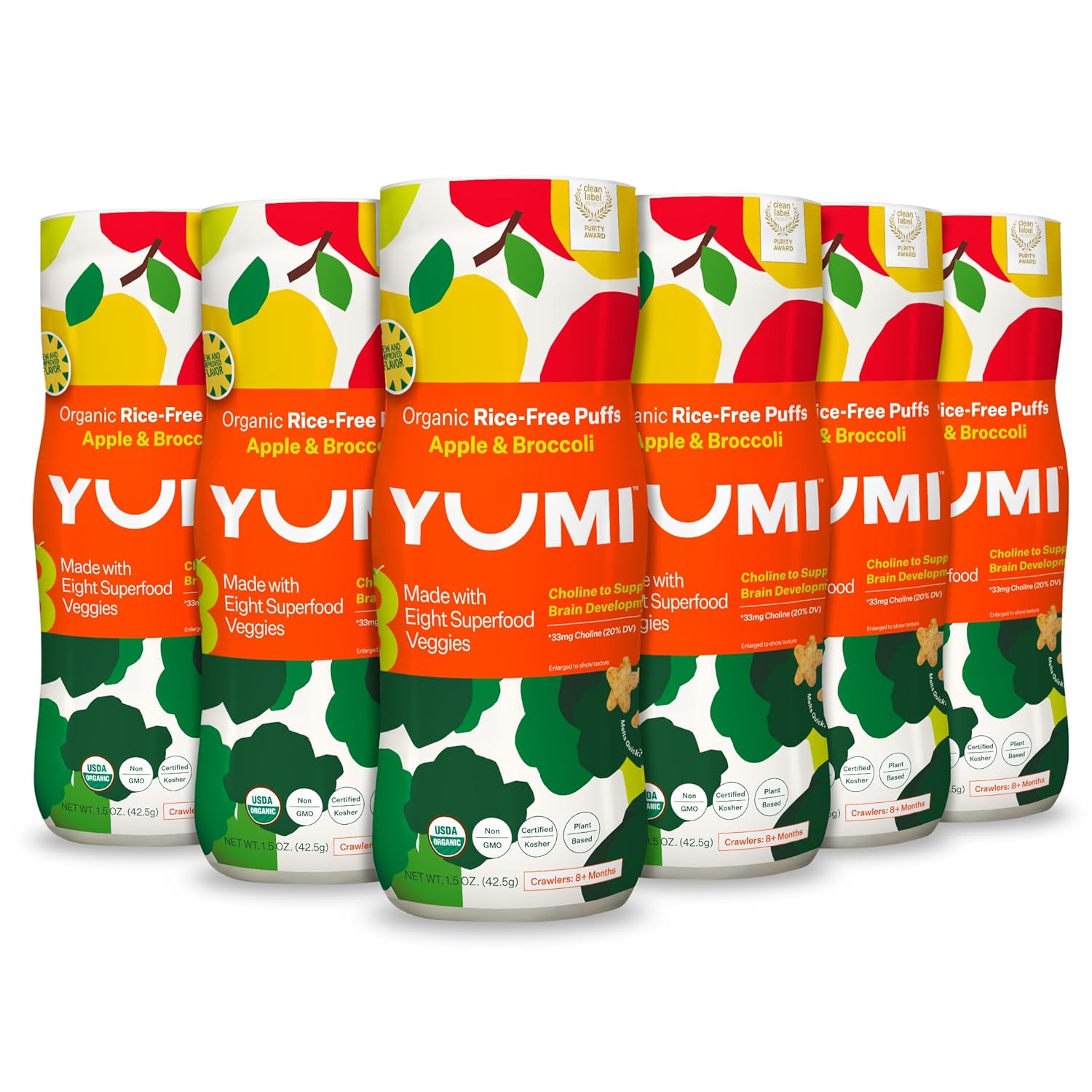 Yumi Organic Rice-Free Baby Puffs - No Sugar Added, Gluten-Free, Non-Gmo Baby Snacks Puffs, School Safe For Daycare And Lunchboxes - Alternative To Baby Teething Snacks, Apple & Broccoli (6Ct.)
