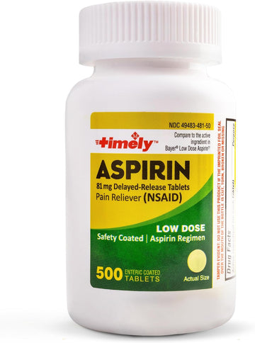 Timely - Low Dose Aspirin 81mg - 500 Tablets - Compared to the active ingredient in Bayer Low Dose - Enteric Coated Low Strength - Pain Reliever for Minor Aches and Pains, Fever Reducer - Made in USA