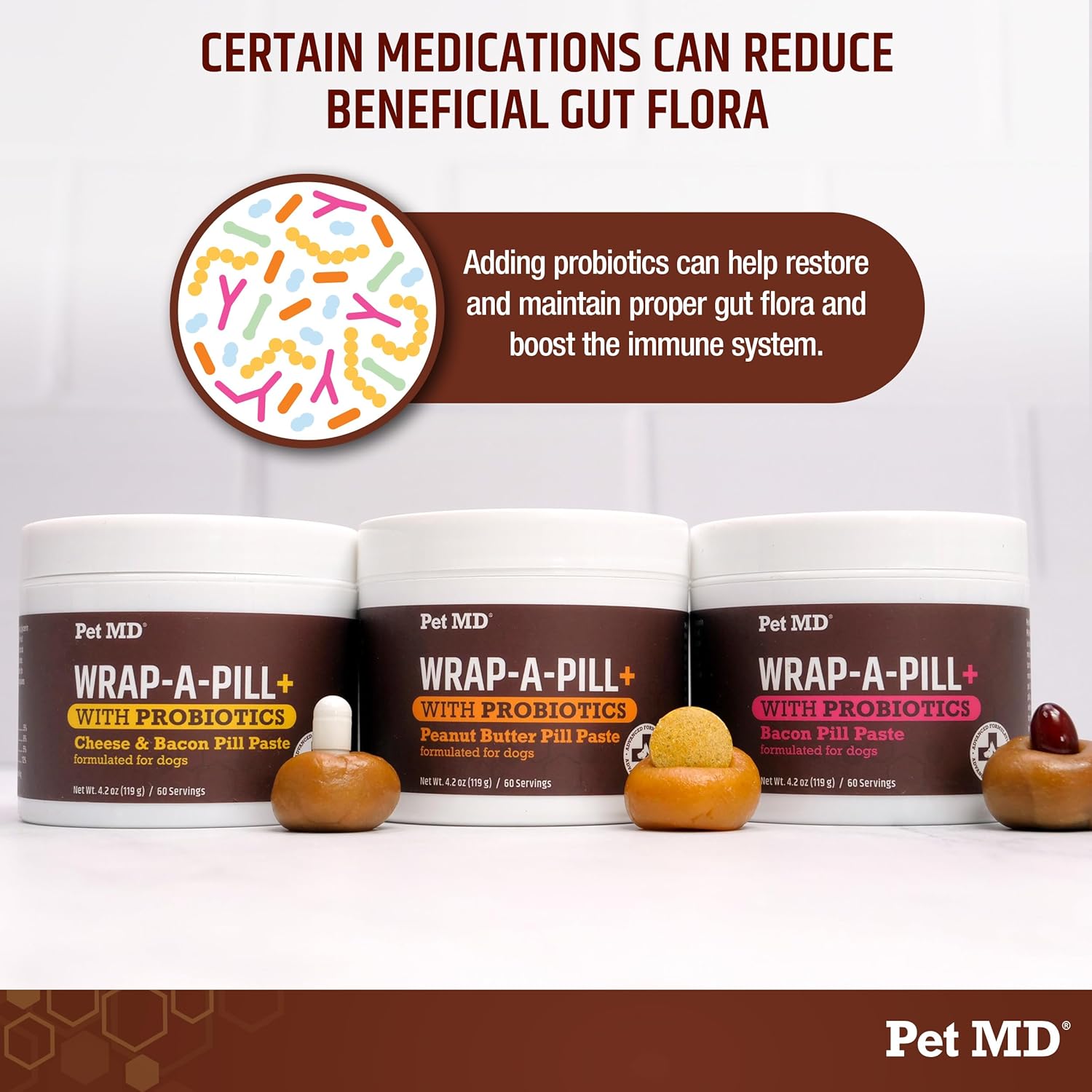 Pet MD Wrap-A-Pill with Dog Probiotics - Pill Wrap for Dogs Medicine - Easy-to-Use Paste to Hide Capsules, Create Pockets and Pill Treats for Dogs - Bacon (4.2oz) : Pet Supplies