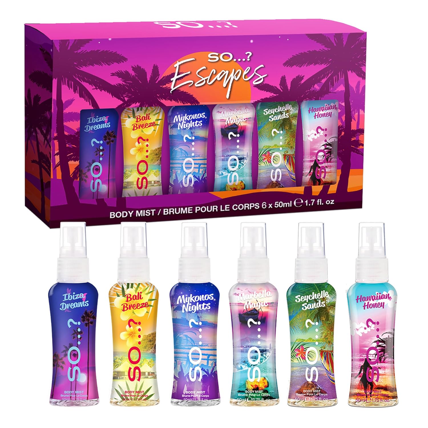 So... Escapes Body Mist Set - Perfumes For Women - Everyday Body Spray For Women - Vegan, Cruelty Free Fragrances - Travel Size Gift Set - 6 Pcs