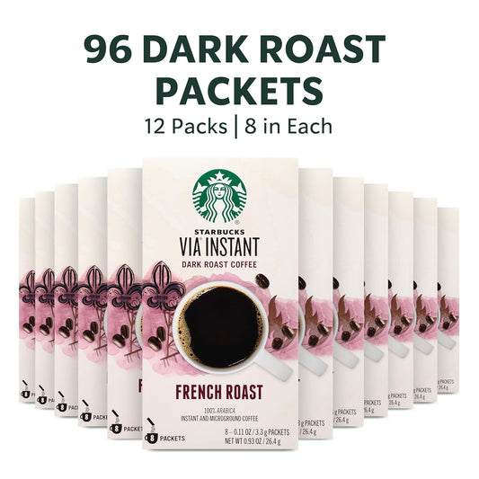 Starbucks VIA Instant Coffee Dark Roast Packets — French Roast — 100% Arabica - 8 Count (Pack of 12)