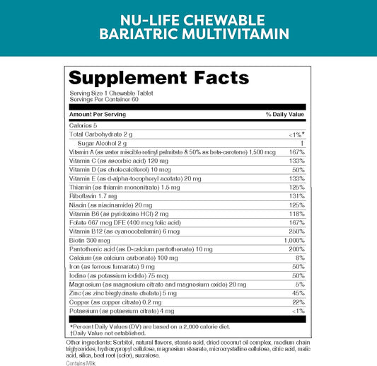 Nu-Life Advanced Bariatrics Multivitamin Chewable Tablets, Bariatric Mulivitamin With Iron - Tropical Berry (60 Chewable Tablets) (Packaging May Vary)