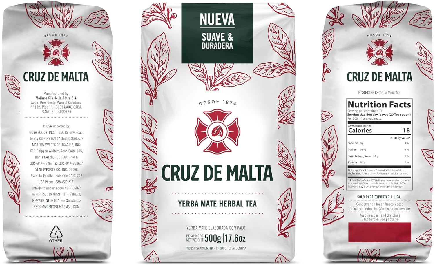 Cruz De Malta Yerba Mate - 1.1 Lb Bag / 500 Grams - Pack Of 2