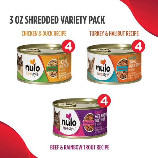 Nulo Freestyle Shredded Canned Wet Cat Food Variety Bundle - 3 Oz. - 3 Flavors - Chicken & Duck, Beef & Rainbow Trout, And Turkey & Halibut (12 Cans Count)