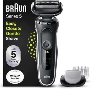 Braun Series 5 Electric Shaver, Wet & Dry Foil Razor For Men With Body Groomer Attachment, Cordless, Up To 50 Min, 100% Waterproof, 52-B1600S, Blue