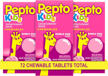 Pepto Kid'S Chewable Tablets For Heartburn, Acid Indigestion, Sour Stomach, And Upset Stomach, Bubblegum Flavor, 72 Total (3 Packs Of 24)