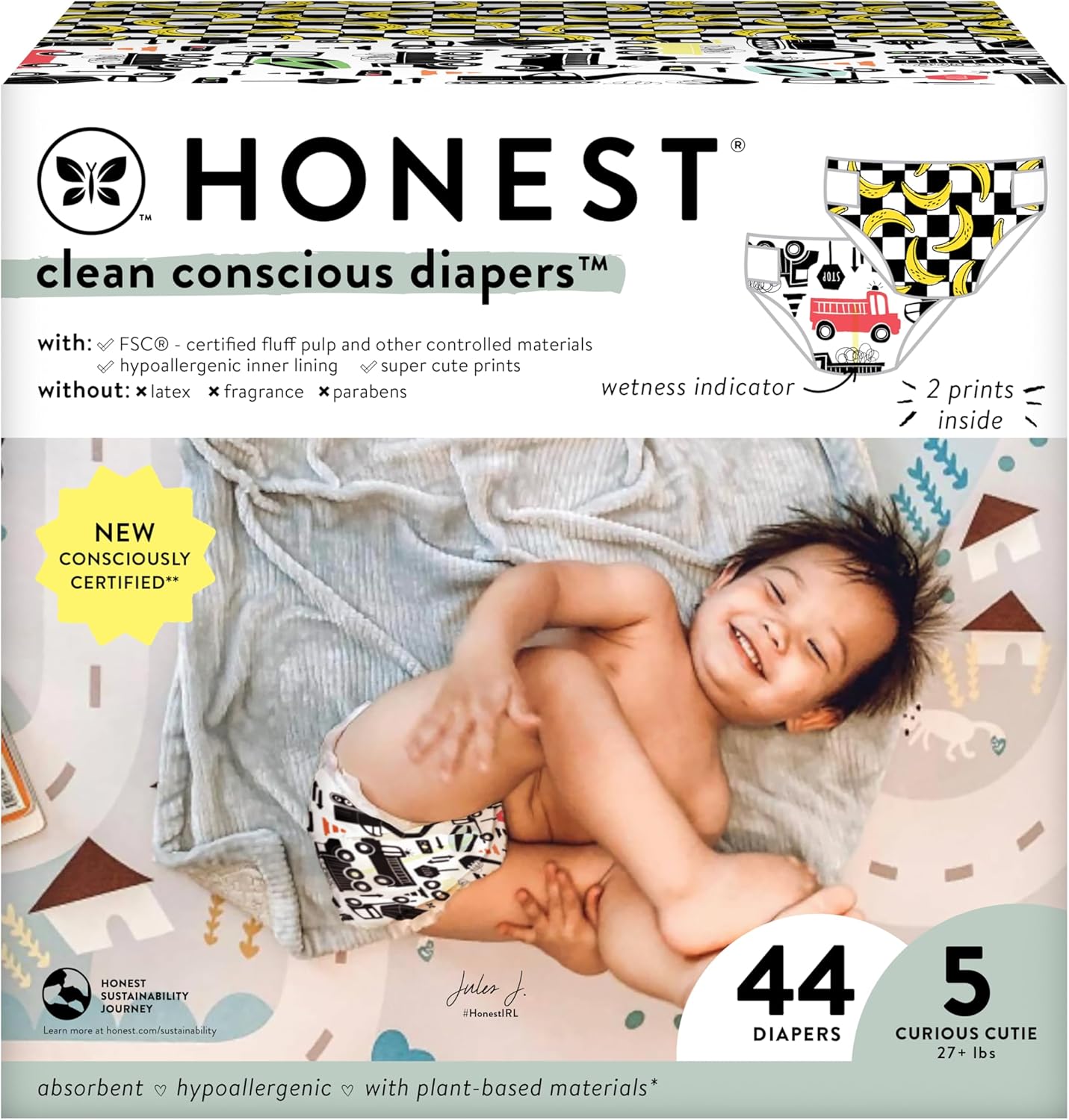 The Honest Company Clean Conscious Diapers | Plant-Based, Sustainable | Big Trucks + So Bananas | Club Box, Size 5 (27+ Lbs), 44 Count