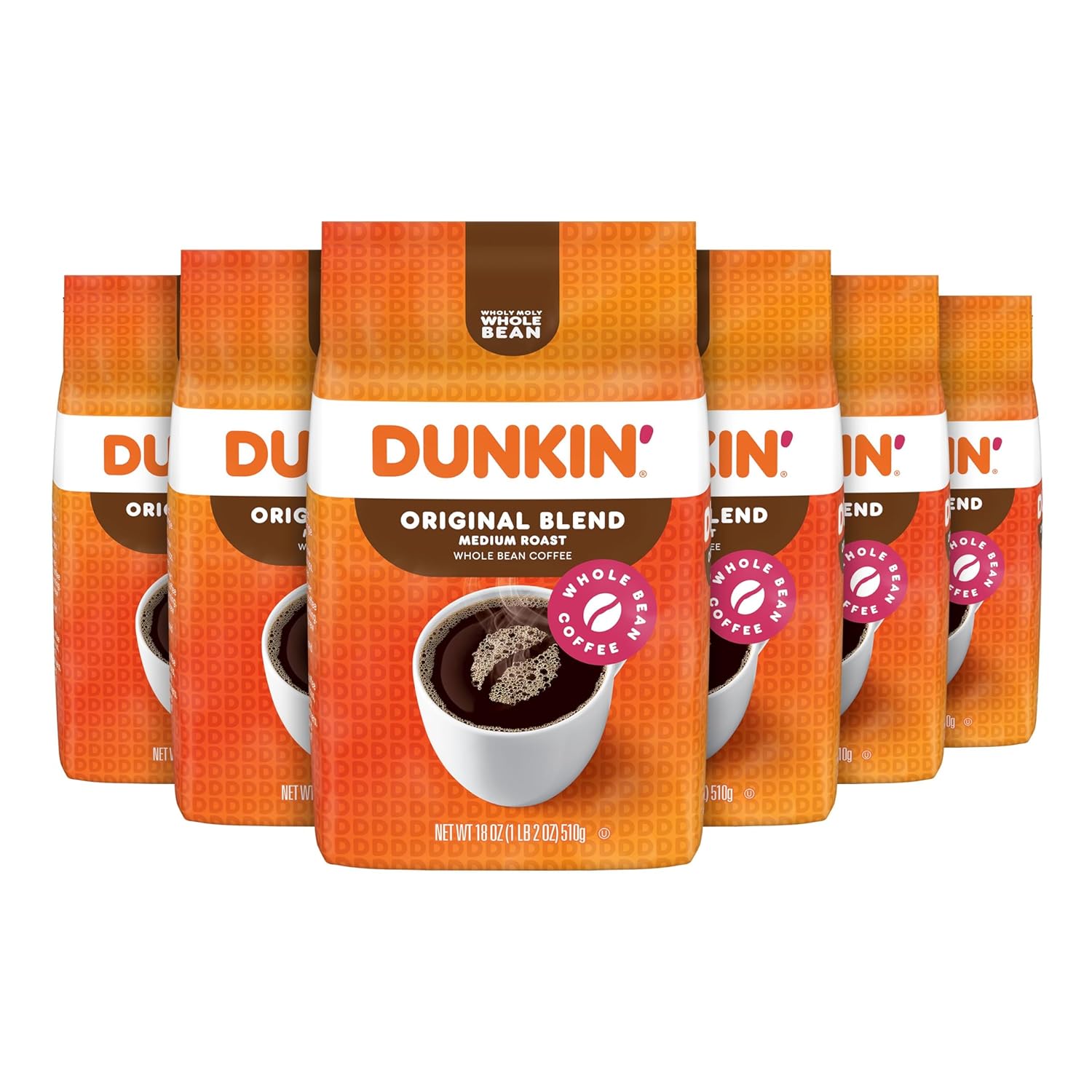 Dunkin' Original Blend Medium Roast Whole Bean Coffee, 18 Ounce (Pack Of 6)