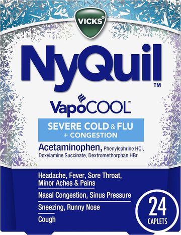 Nyquil Severe With Vicks Vapocool Cough, Cold & Flu Relief, 24 Caplets - Sore Throat, Fever, And Congestion Relief (Packaging May Vary)