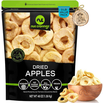 Nut Cravings Dry Fruits - Dried Apple Rings Slices, No Sugar Added - Chewy Soft Texture (48oz - 3 LB) Packed Fresh in Resealable Bag - Sweet Snack, Healthy Food, All Natural, Vegan, Kosher Certified