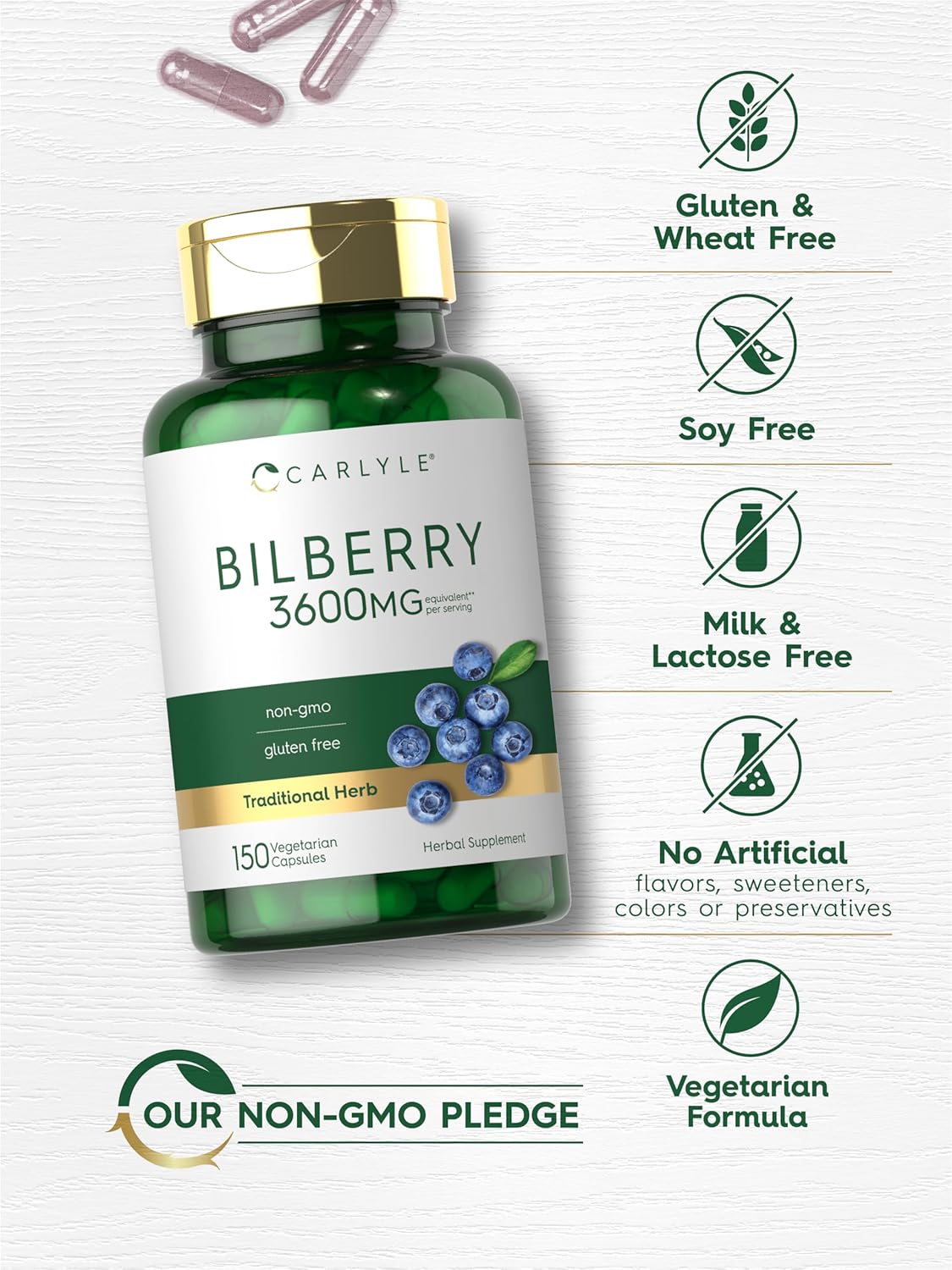 Carlyle Bilberry Extract Capsules | 3600mg | 150 Count | Vegetarian, Non-GMO, Gluten Free Fruit Supplement : Health & Household