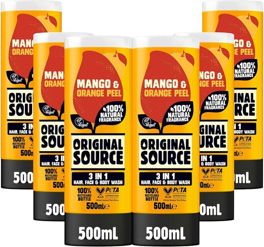 Original Source Mens 3In1 Mango & Orange Peel Shower Gel, 100 Percent Natural Fragrance, Vegan, Cruelty Free, Paraben Free, Bulk Buy, Pack Of 6 X 500 Ml