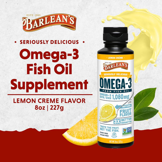 Barlean's Lemon Crème Omega 3 Fish Oil Liquid Supplement, 1080mg of Omega 3 EPA & DHA Fatty Acid, Smoothie Flavored & Burpless for Brain, Joint, & Heart Health, 8 oz