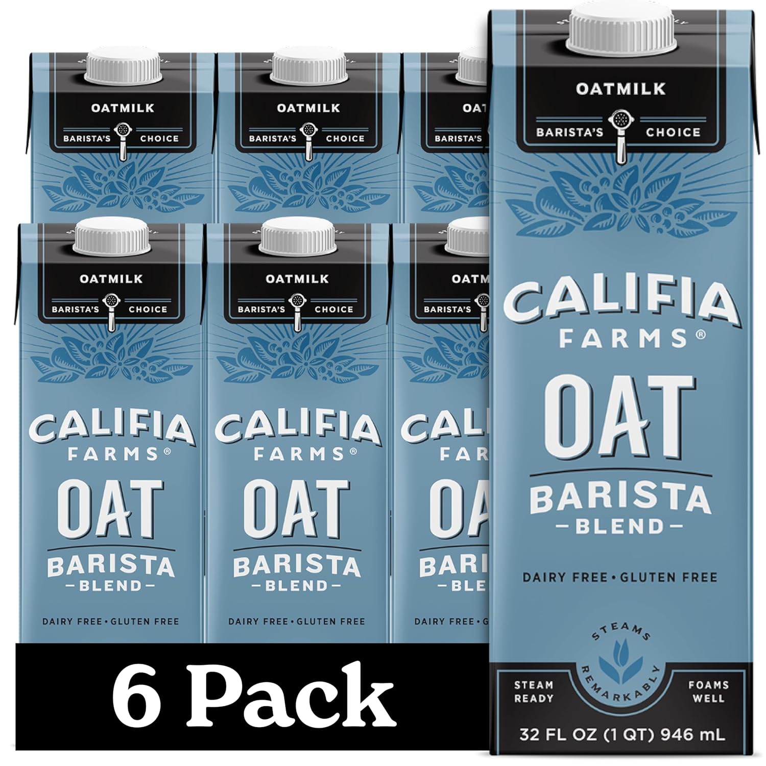 Califia Farms - Oat Barista Blend Oat Milk, 32 Oz (Pack Of 6), Shelf Stable, Dairy Free, Plant Based, Vegan, Gluten Free, Non Gmo, High Calcium, Milk Frother, Creamer, Oatmilk