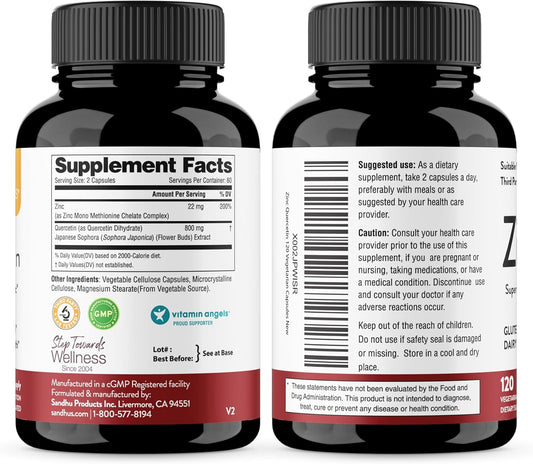 Sandhu’S Zinc Quercetin 120 Vegetarian Capsules – Zinc Supplements For Antioxidant Immune Support Zinc For Men And Women – Gluten, Soy, Dairy Free