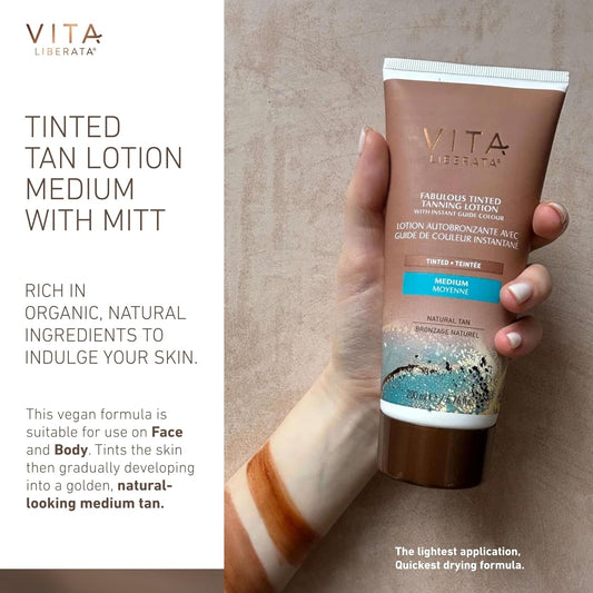 Vita Liberata Tinted Tan Lotion Medium 200Ml & Mitt Bundle, Hydrating Tanning Lotion, Sun-Kissed Tan, Designed For Face & Body Use, Tinted, Lasting Tan, Streak Free Blend