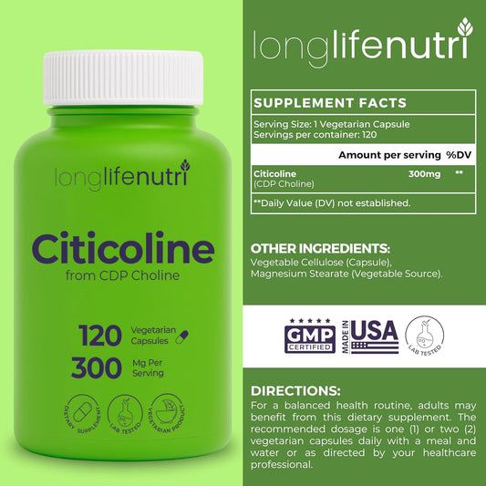 Citicoline 300Mg - From Cdp Choline, 120 Vegetarian Capsules, Supplement For Cognitive Performance & Mental Sharpness, 4-Month Supply, Gmp Certified, Made In Usa