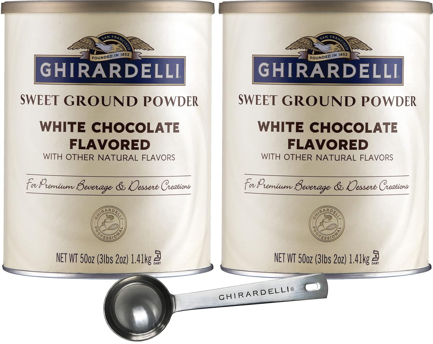 Ghirardelli Sweet Ground White Chocolate Gourmet Flavored Powder 3.12 Pound (Pack of 2) with Ghirardelli Stamped Barista Spoon