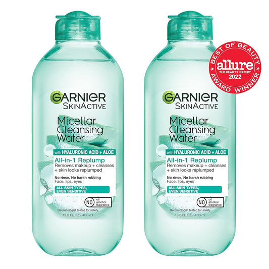 Garnier Micellar Water with Hyaluronic Acid, Facial Cleanser & Makeup Remover, 13.5 Fl Oz (400mL), 2 Count (Packaging May Vary)