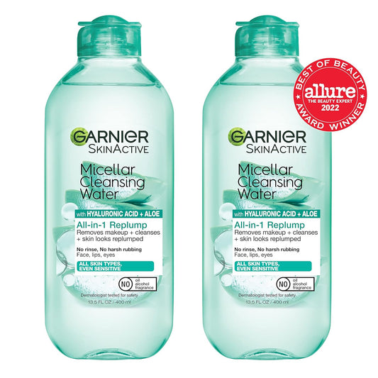 Garnier Micellar Water With Hyaluronic Acid, Facial Cleanser & Makeup Remover, Hydrating And Plumping, For All Skin Types, Vegan, Cruelty Free, 13.5 Fl Oz (400Ml), 2 Count