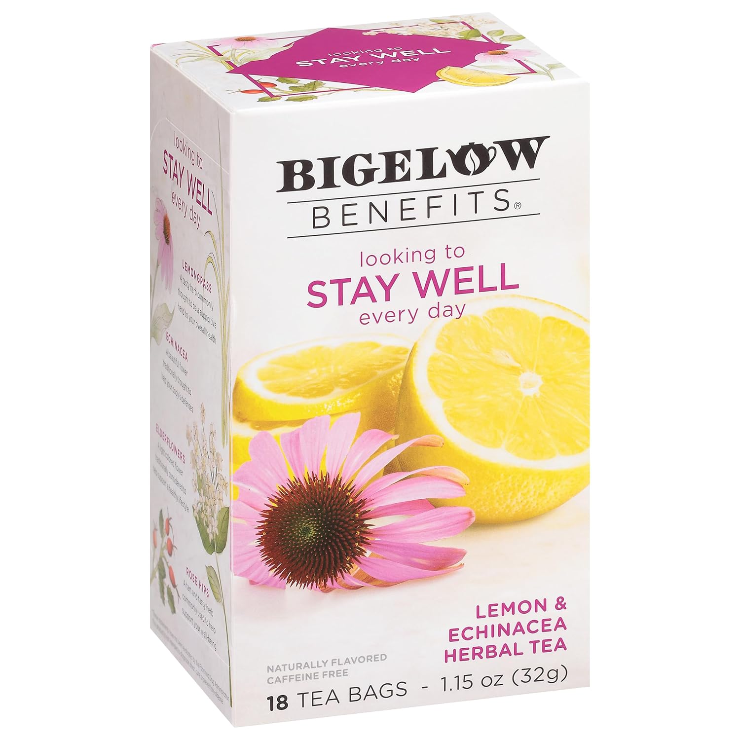 Bigelow Benefits Stay Well Lemon And Echinacea Herbal Tea, Caffeine Free, 18 Count (Pack Of 6), 108 Total Tea Bags