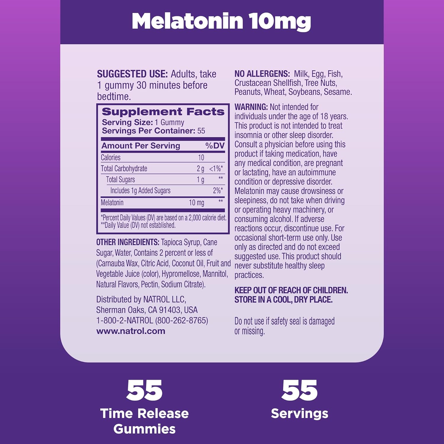 Natrol Time Release Melatonin 10 mg, Dietary Supplement for Restful Sleep, Sleep Gummies for Adults, 55 Strawberry-Flavored Melatonin Gummies, 55 Day Supply : Health & Household