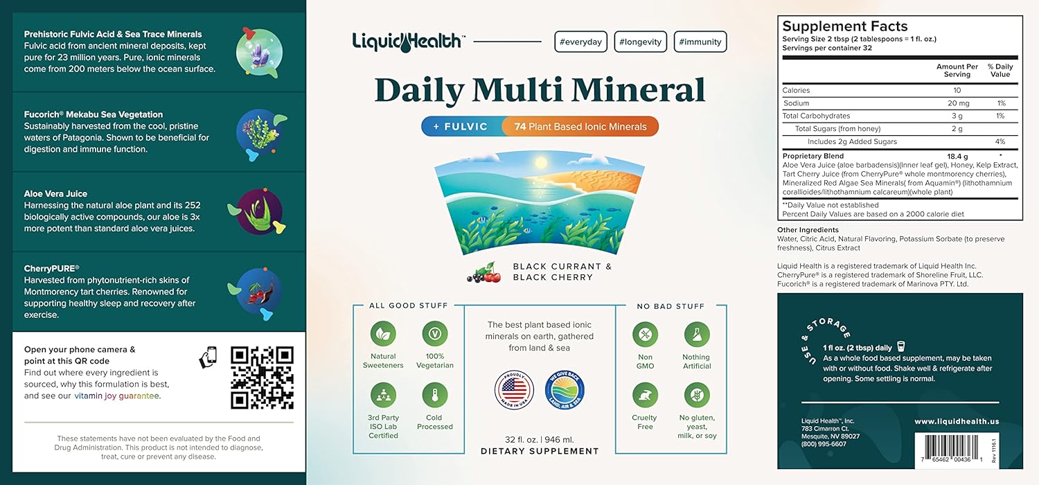 LIQUIDHEALTH Daily Multi Mineral Liquid Supplement with Fulvic Acid, Plant Based Ionic Aquamin Sea Trace Ocean Minerals - Immune Support, Energy, Gut Health, Detox - Vegetarian, Sugar-Free (3 Pack) : Health & Household