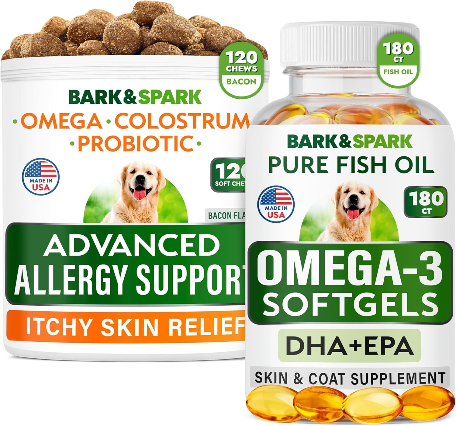 Advanced Dog Allergy + Omega 3 Bundle - Itch Relief - Probiotics W/Fish Oil Omega 3 + Epa&Dha Fatty Acid - Skin Allergies + Joint Health - 120 Chews + 180 Softgels - Bacon + Fish Flavor - Made In Usa