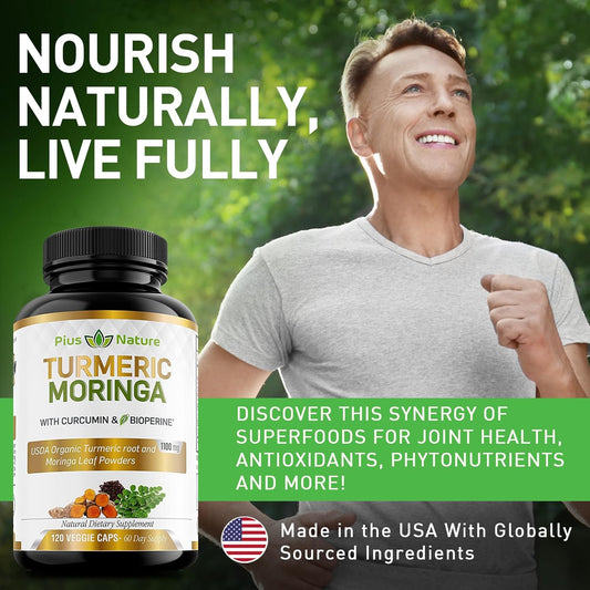 Turmeric Moringa - Organic Turmeric Curcumin Supplements And Organic Moringa Powder - 120 Veggie Capsules Supplement For Women And Men