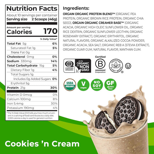 Orgain Organic Vegan Protein Powder, Cookies and Cream - 21g Plant Based Protein, Gluten Free, Dairy Free, Lactose Free, Soy Free, No Sugar Added, Kosher, For Smoothies & Shakes - 2.03lb