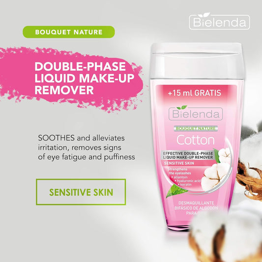 Bielenda Bouquet Nature - Soothes And Alleviates Irritation, Removes Signs Of Eye Fatigue And Puffiness - Cotton Gentle Double Phase Liquid Make Up Remover - 140 Ml