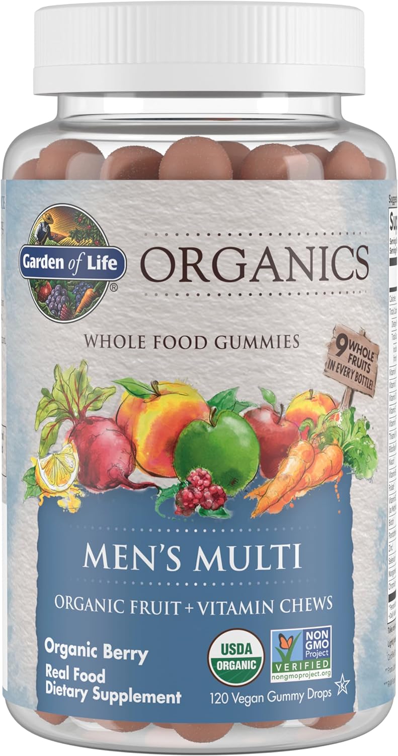Garden Of Life Organics Men'S Gummy Vitamins - Berry - Certified Organic, Non-Gmo, Vegan, Kosher Complete Multi - Methyl B12, C & D3 - Gluten, Soy & Dairy Free, 120 Real Fruit Chew Gummies