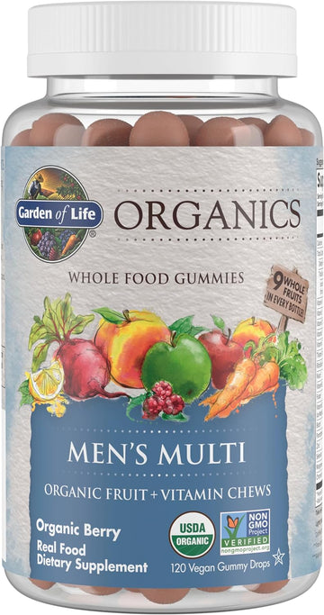 Garden Of Life Organics Men'S Gummy Vitamins - Berry - Certified Organic, Non-Gmo, Vegan, Kosher Complete Multi - Methyl B12, C & D3 - Gluten, Soy & Dairy Free, 120 Real Fruit Chew Gummies
