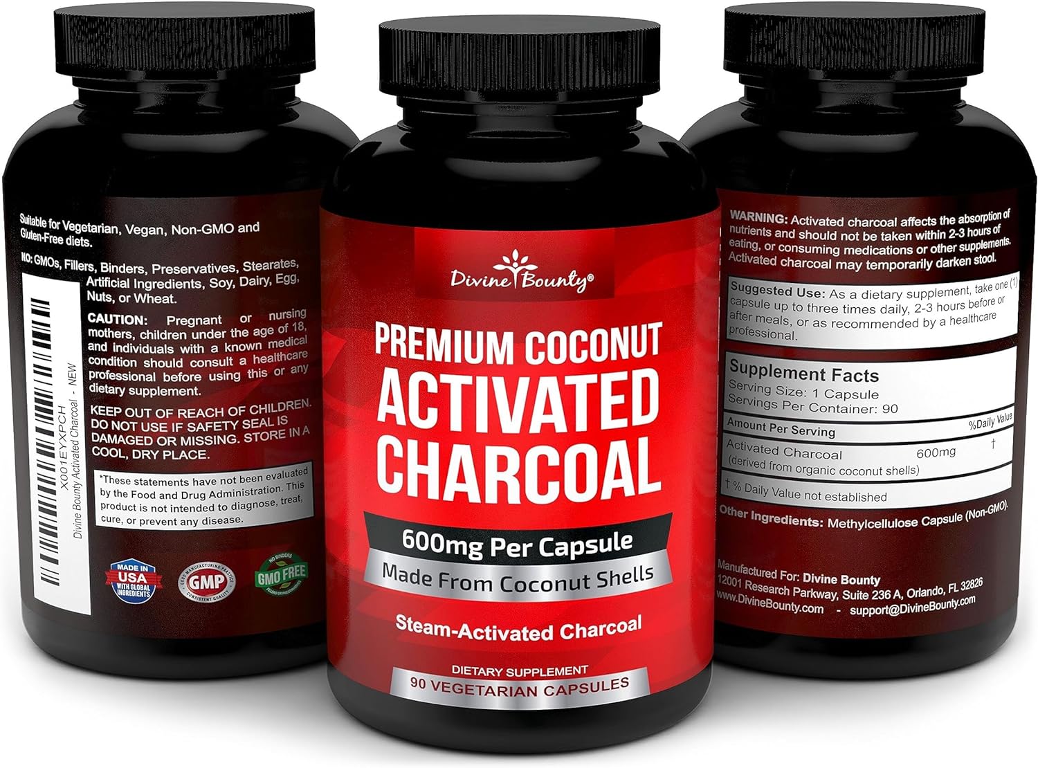 Divine Bounty Organic Activated Charcoal Capsules - 600mg Coconut Charcoal Pills - 90 Veggie Caps : Health & Household