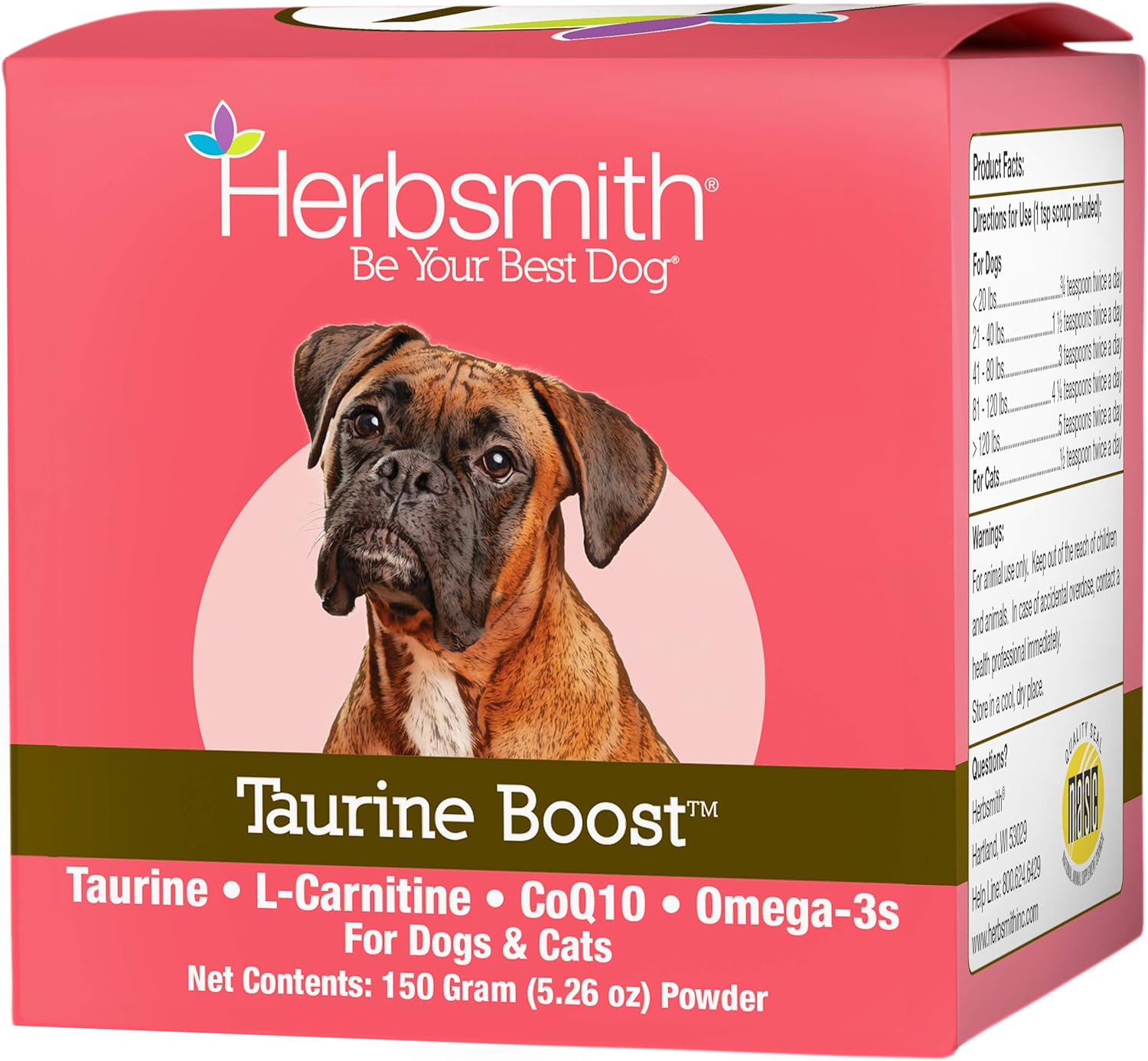 Herbsmith Taurine Boost - Cardiac And Heart Support For Dogs And Cats - Taurine Supplement For Dog And Cat Heart Health – With Coq10, Taurine And L-Carnitine For Dogs - 75G