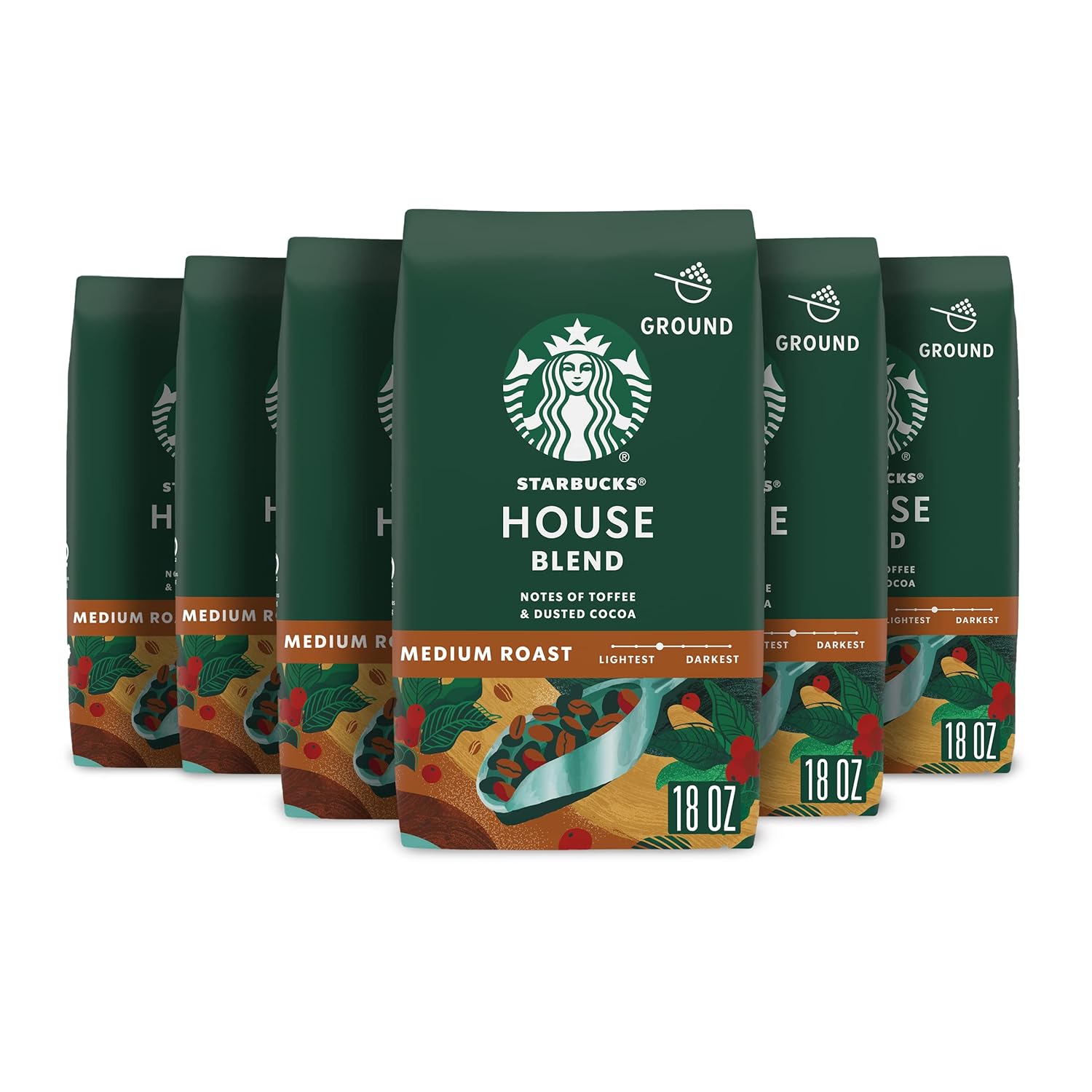 Starbucks Ground Coffee, Medium Roast Coffee, House Blend, 100% Arabica, 6 Bags (18 Oz Each)