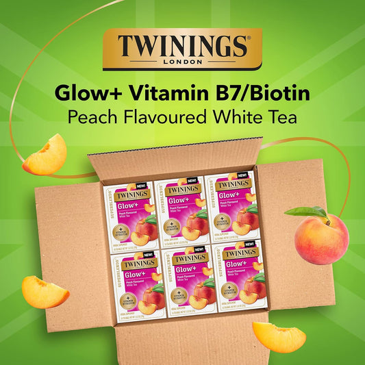 Twinings Superblends Glow+ Vitamin B7 Biotin Peach Flavoured White Tea, 16 Tea Bags (Pack Of 6), Enjoy Hot Or Iced