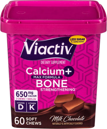 Viactiv Calcium +Vitamin D3 Supplement Soft Chews, Milk Chocolate, 60 Chews - Calcium Dietary Supplement For Bone Health