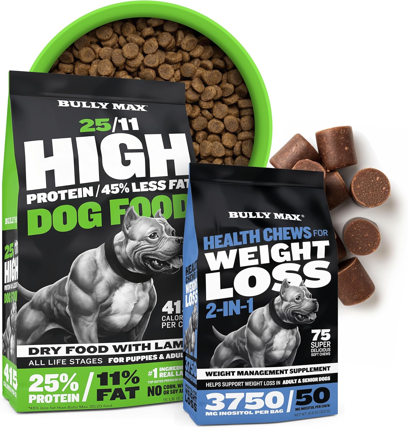 Bully Max High Protein Dry Dog Food & Soft Chews Supplement Bundle For Weight Loss - Healthy Training Treats For Adult & Senior Dogs - Small & Large Breed - Lamb & Beef Flavor, 15 Lbs + 75 Chews