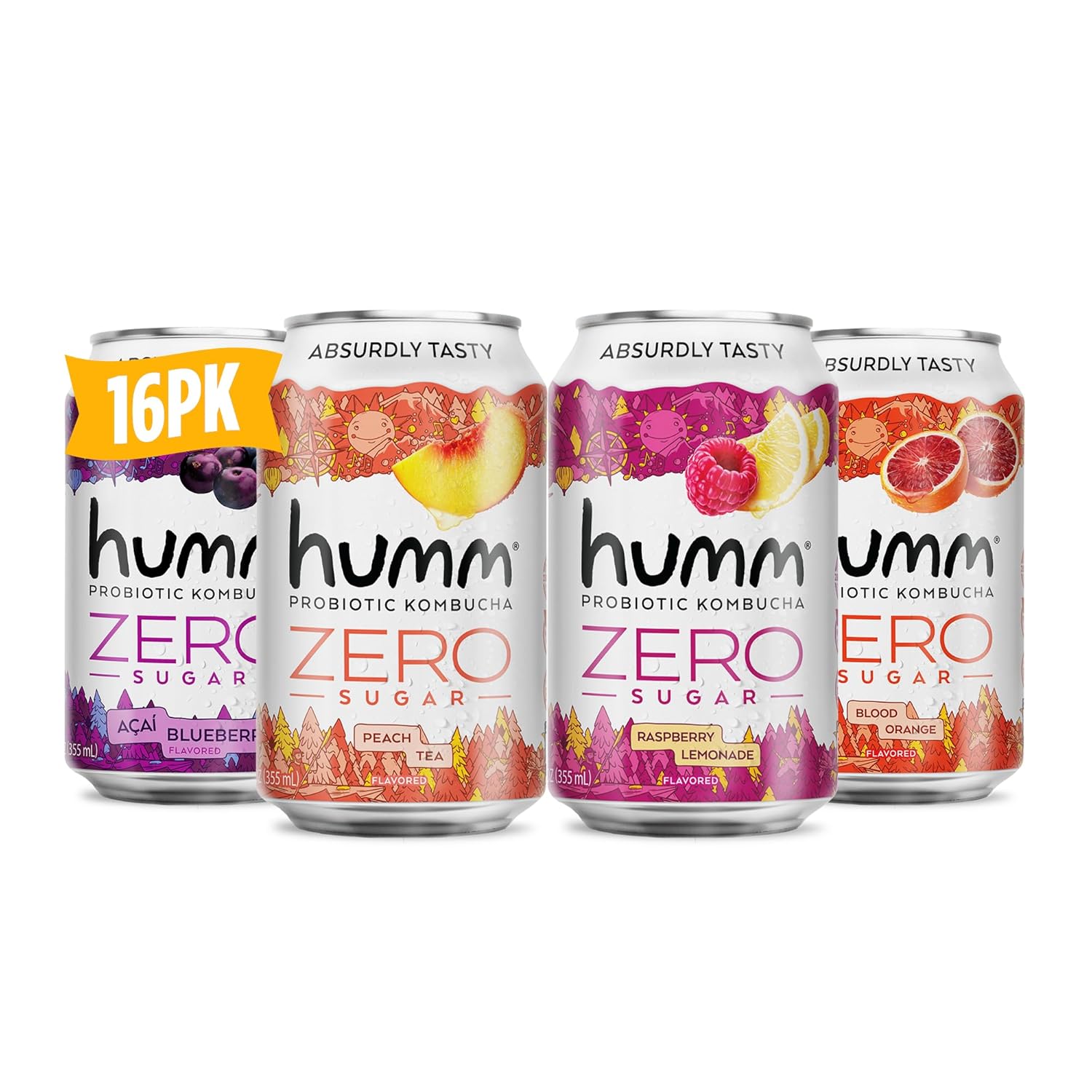 Humm Probiotic Kombucha Zero Sugar Variety Pack, No Refrigeration Needed, Keto Friendly, Organic, Vegan, Gluten Free, 12Oz Cans (16 Pack)