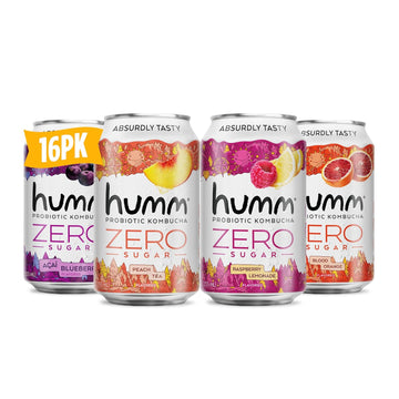 Humm Probiotic Kombucha Zero Sugar Variety Pack, No Refrigeration Needed, Keto Friendly, Organic, Vegan, Gluten Free, 12Oz Cans (16 Pack)