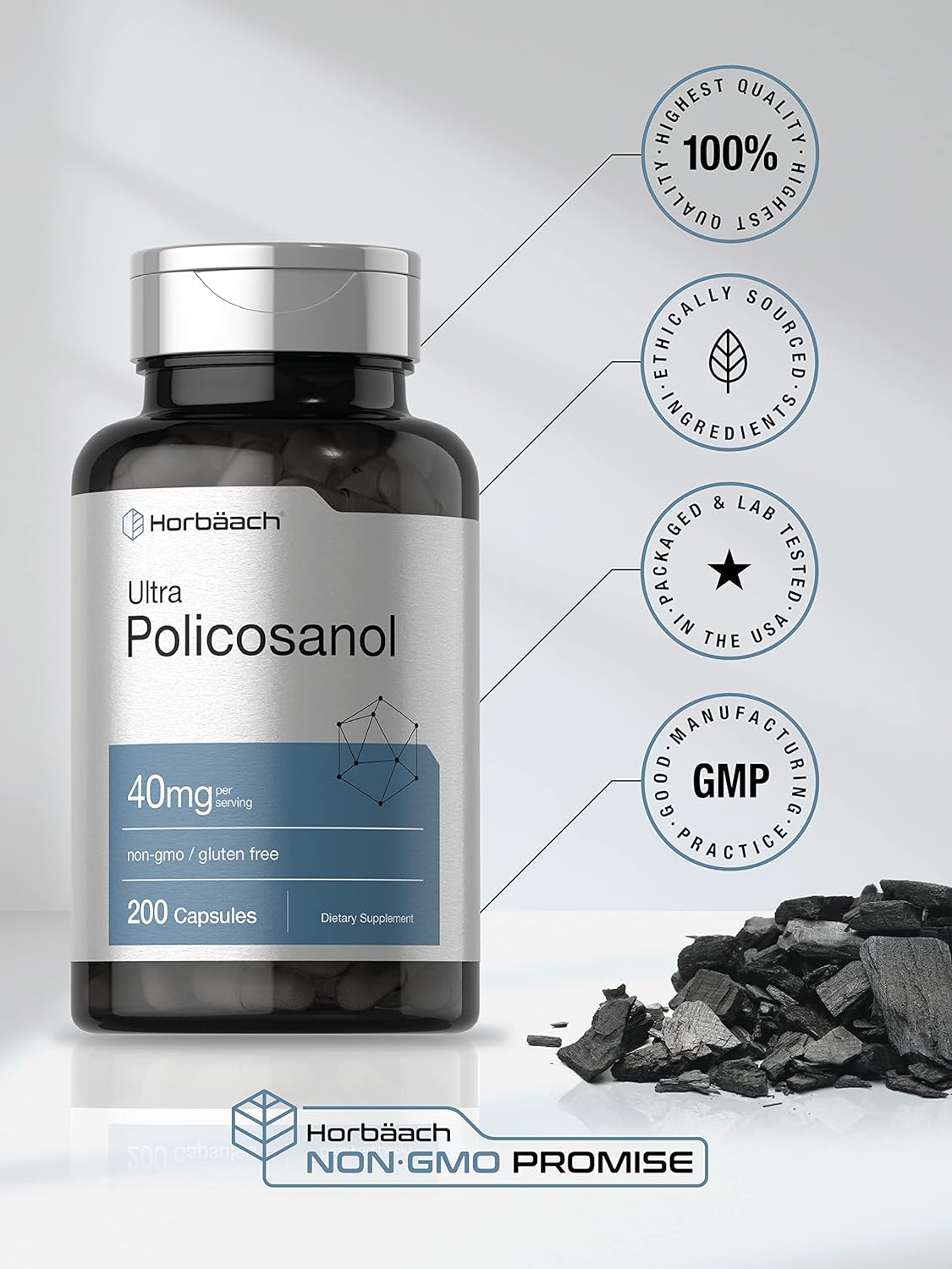 Horbäach Policosanol 40mg | 200 Capsules | Non-GMO and Gluten Free