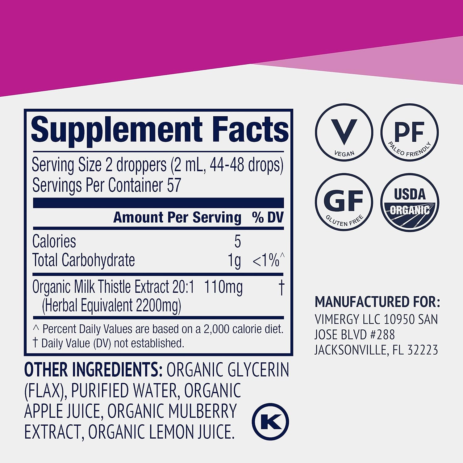 Vimergy USDA Organic Milk Thistle Extract, 57 Servings – Healthy Liver Support Supplement Drops – Liquid Milk Thistle Tincture – No Alcohol Added - Non-GMO, Vegan & Paleo (115 ml) : Health & Household