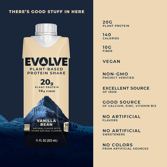 Evolve Plant Based Protein Shake, Vanilla Bean, 20G Vegan Protein, Dairy Free, No Artificial Sweeteners, Non-Gmo, 10G Fiber, 11 Fl Oz (Pack Of 12) (Formula May Vary)