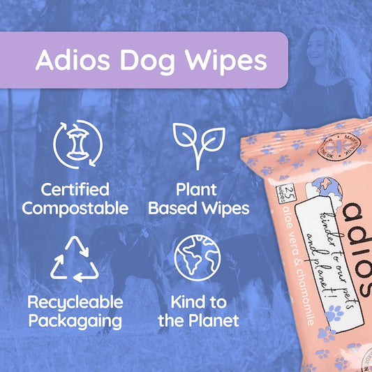 Adios - Compostable Grooming Wipes For Dogs, 100 Count (4X25) - Plant-Based Pet Wipes With Aloe Vera And Chamomile - Hypoallergenic, Plastic-Free, Certified Compostable - Made In The Uk