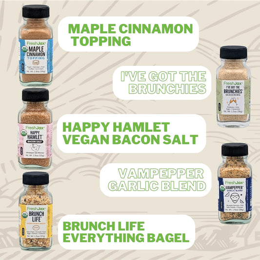 FreshJax Breakfast Seasoning Gift Set | Pack of 5 Organic Breakfast Spices and Seasonings | Maple Cinnamon, Brunch, Bacon Salt, Garlic Blen, Everything Bagel - Breakfast Gift Set